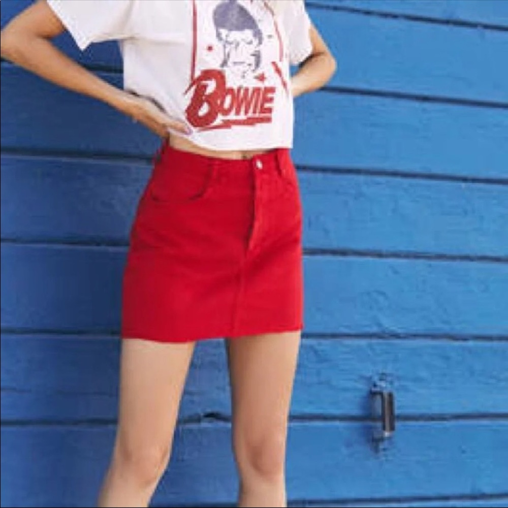 John Galt Red Denim Button Fly Raw Hem Skirt